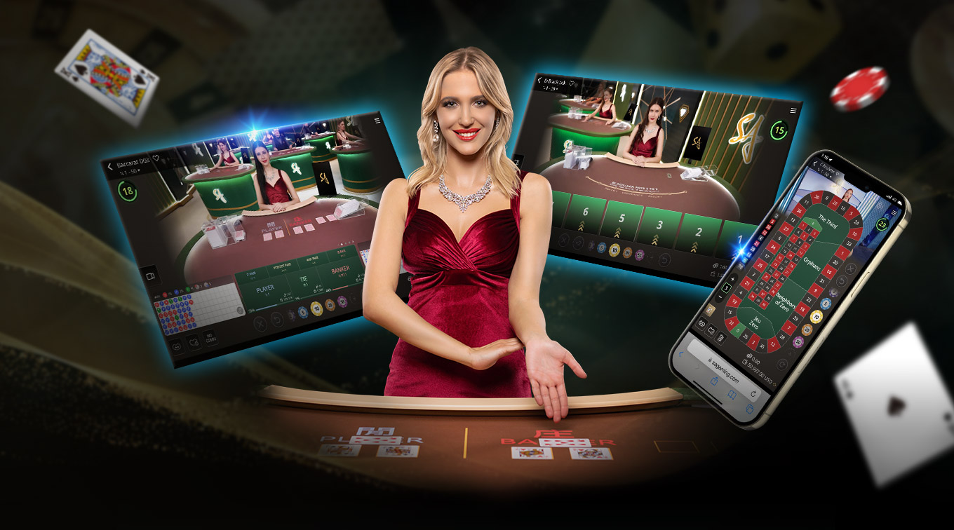 A graphic showcasing 'SA Gaming' with a woman in a red dress at the center. Surrounding her are two screens displaying online blackjack tables and a smartphone with game graphics. The background features a casino setting.