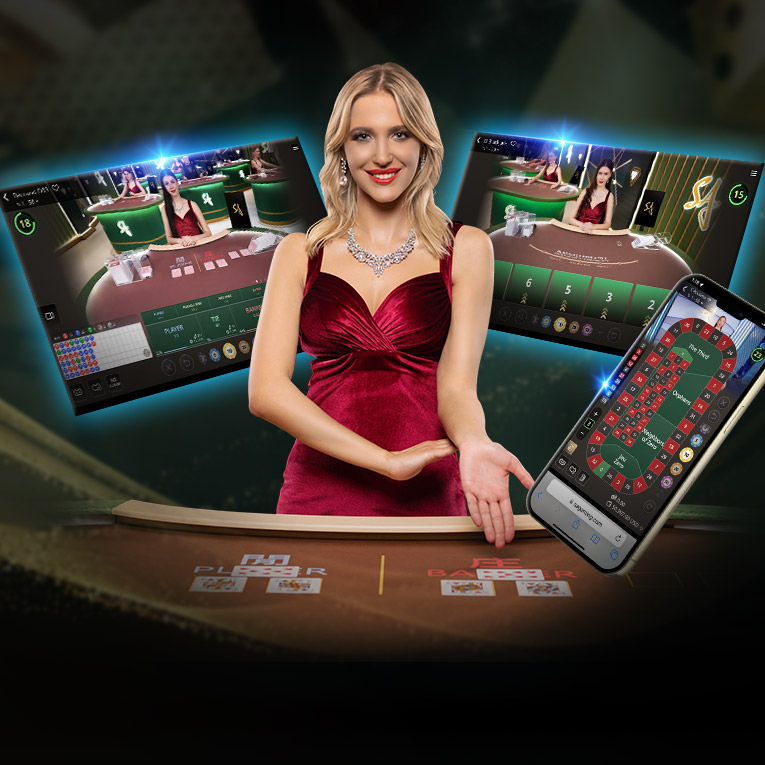 A graphic showcasing 'SA Gaming' with a woman in a red dress at the center. Surrounding her are two screens displaying online blackjack tables and a smartphone with game graphics. The background features a casino setting.